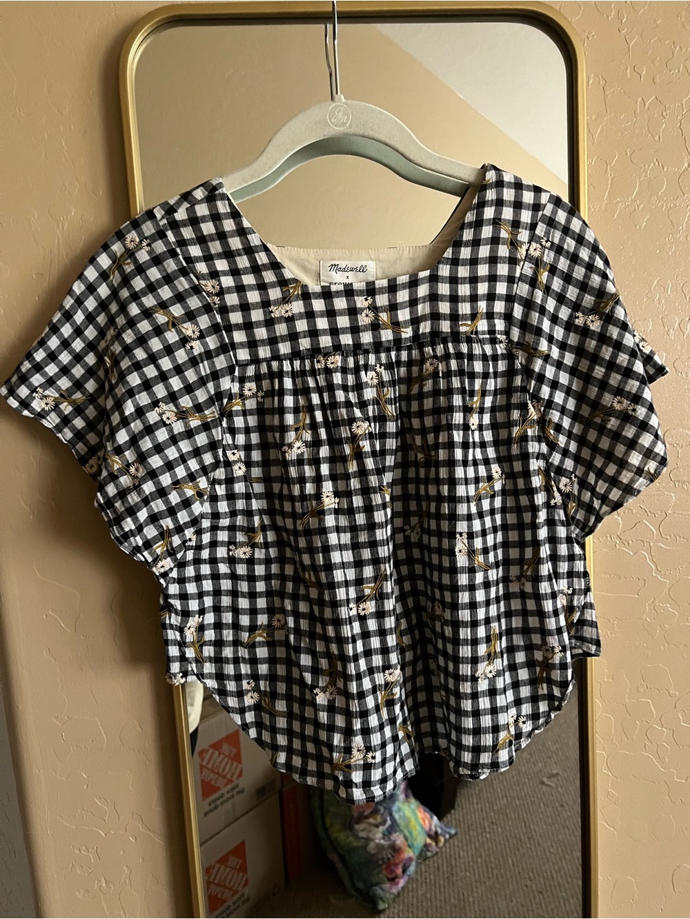 Madewell Black & White Gingham Top with Yellow Floral Accents